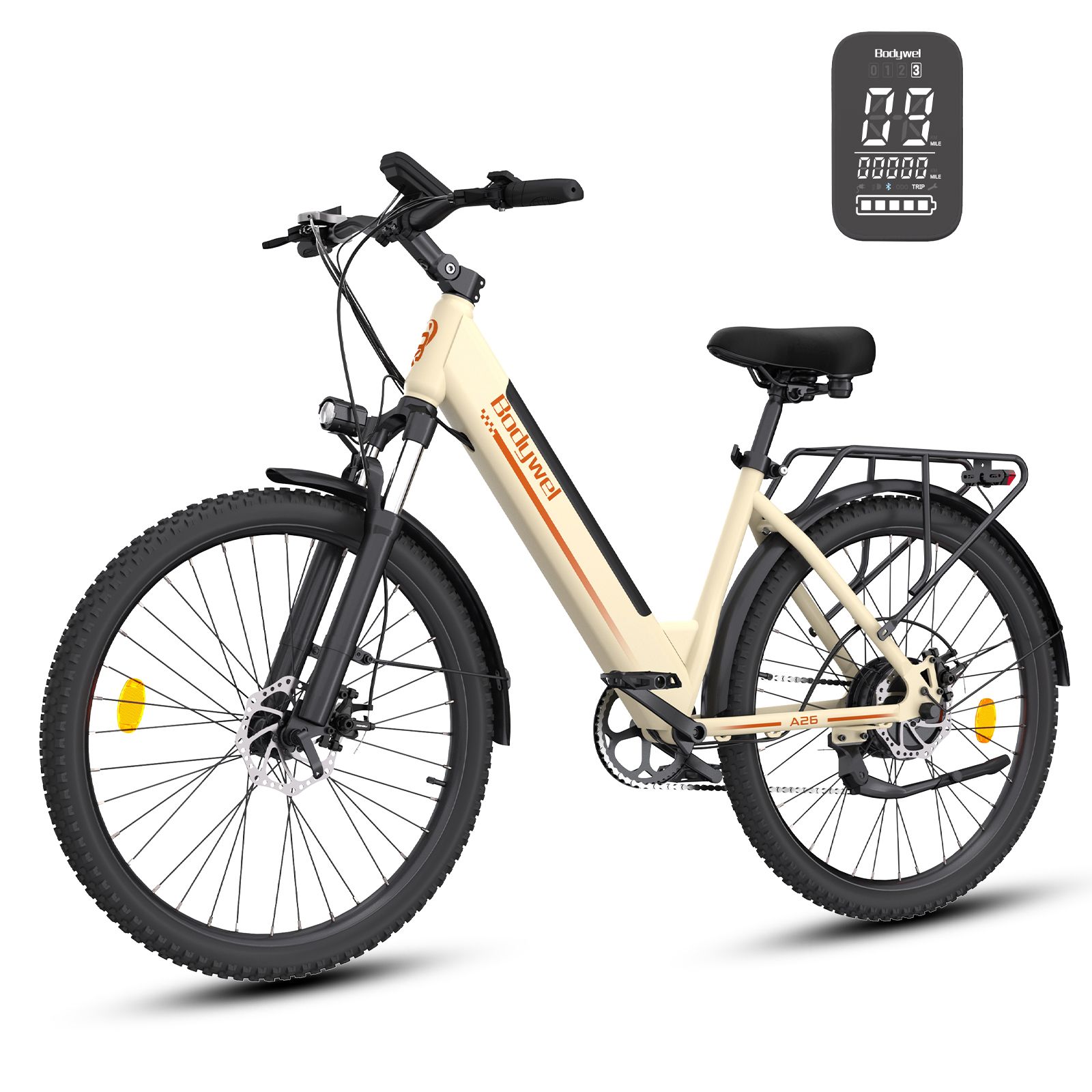 Beige Elektrofahrrad mit schwarzem Rahmen und Reifen. Digitalanzeige mit Geschwindigkeit und Akkustand. Gepäckträger hinten.