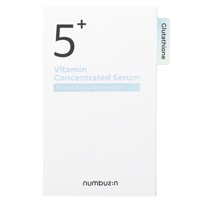 Verpackung mit '5+' und 'Numbuz:n Vitamin Concentrated Serum', mit einem Reiter 'Glutathione'.