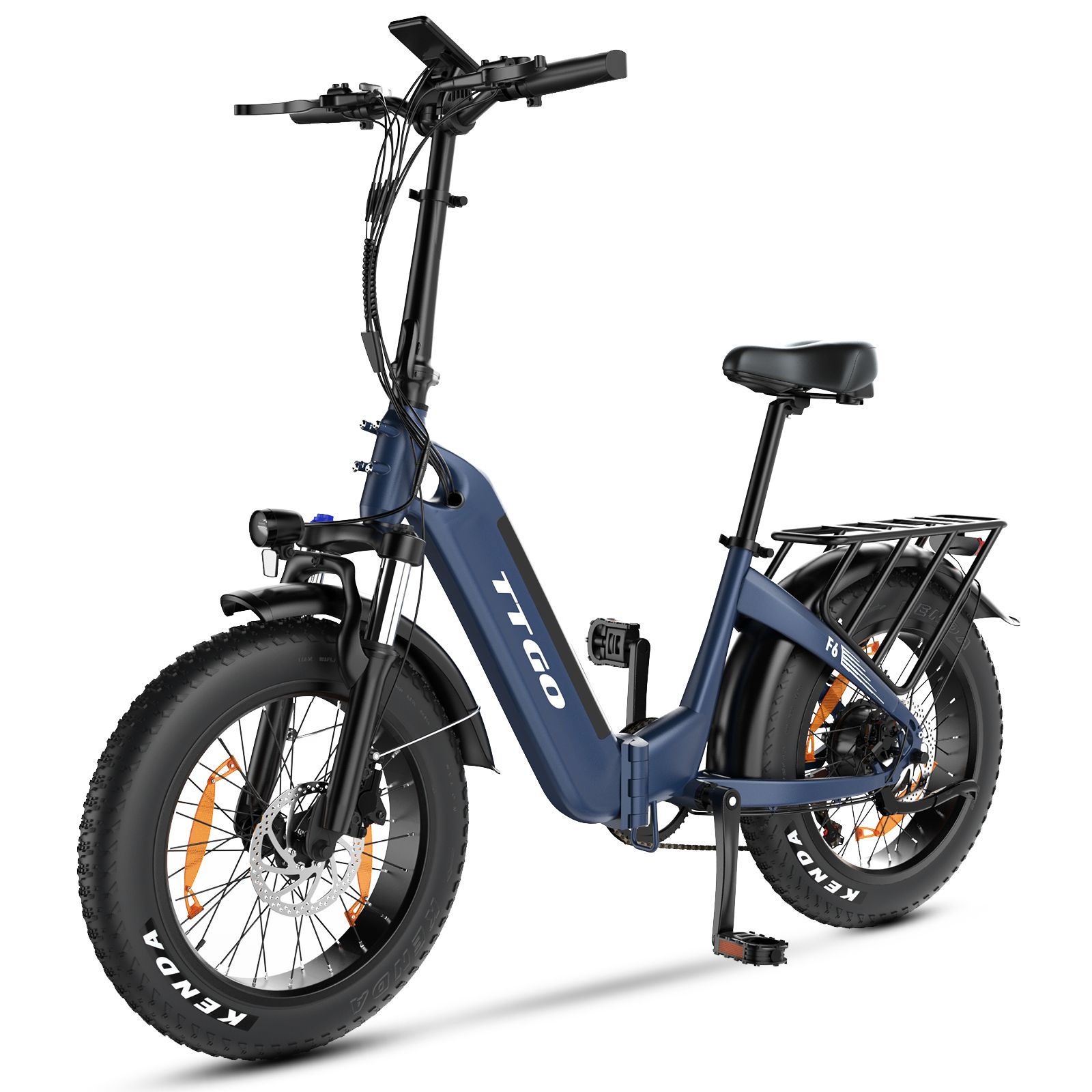 Dunkelblaues, faltbares E-Bike. Schwarze Reifen mit Kenda-Schriftzug. Gepäckträger, Sattel, Schutzbleche. TTGO-Logo.