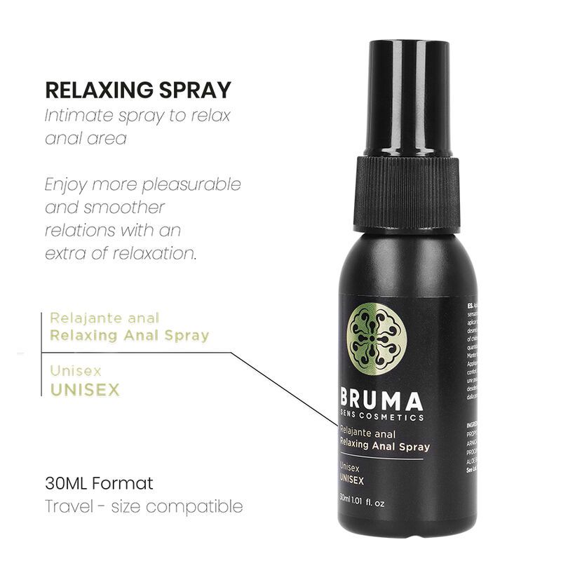 Schwarze Sprühflasche mit Produktlogo und Text. Text: "Relaxing Spray", "Unisex". 30ml Format.