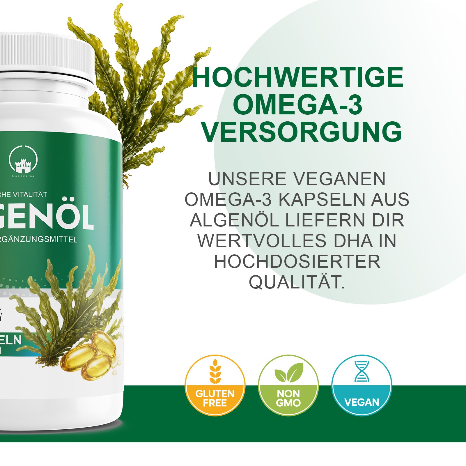 Weiße Flasche mit grünem Etikett. Text: Algenöl, Nahrungsergänzungsmittel. Hochwertige Omega-3 Versorgung. Glutenfrei, Non-GMO, Vegan.