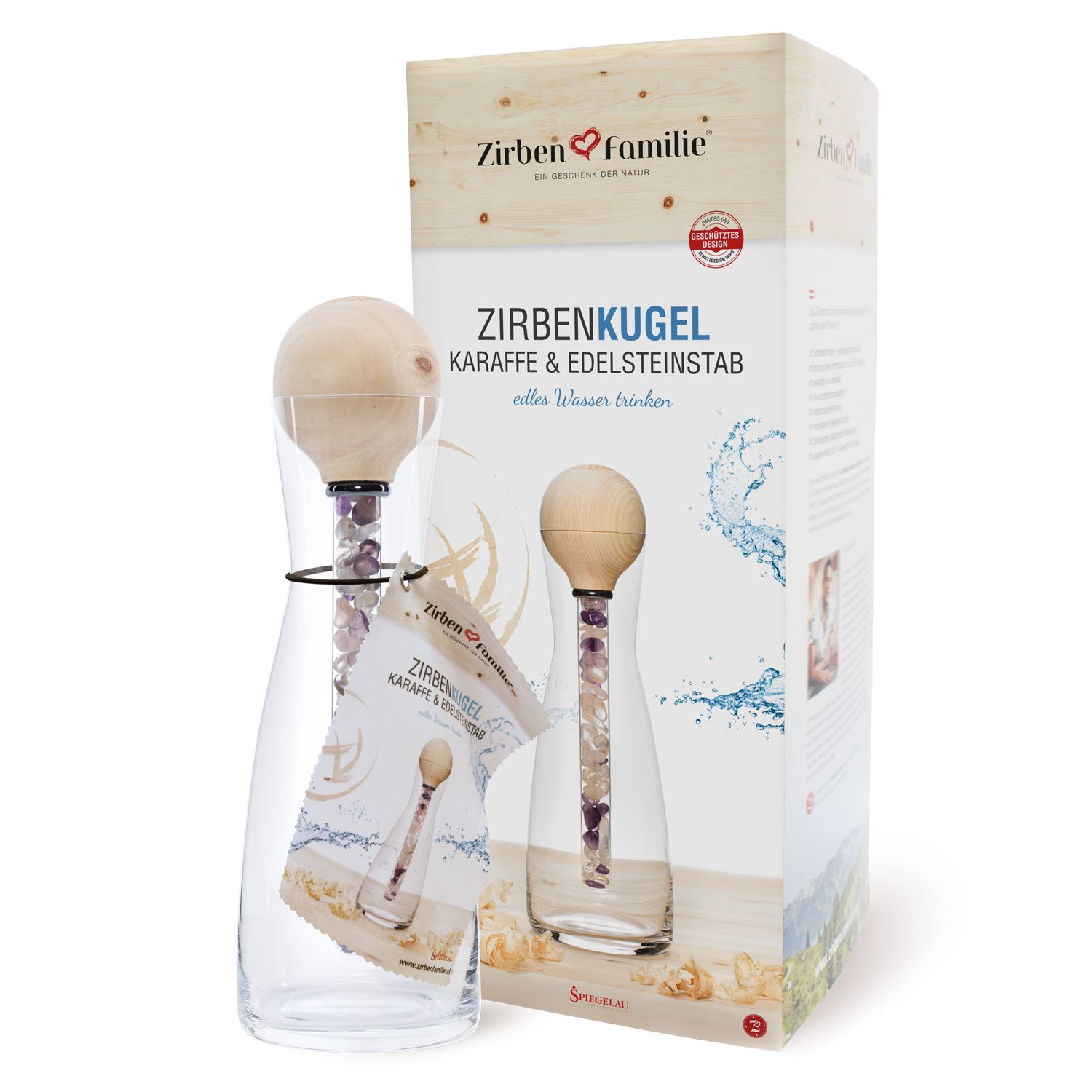 Verpackung des ZirbenKugel Karaffe & Edelsteinstab Sets von ZirbenFamilie.