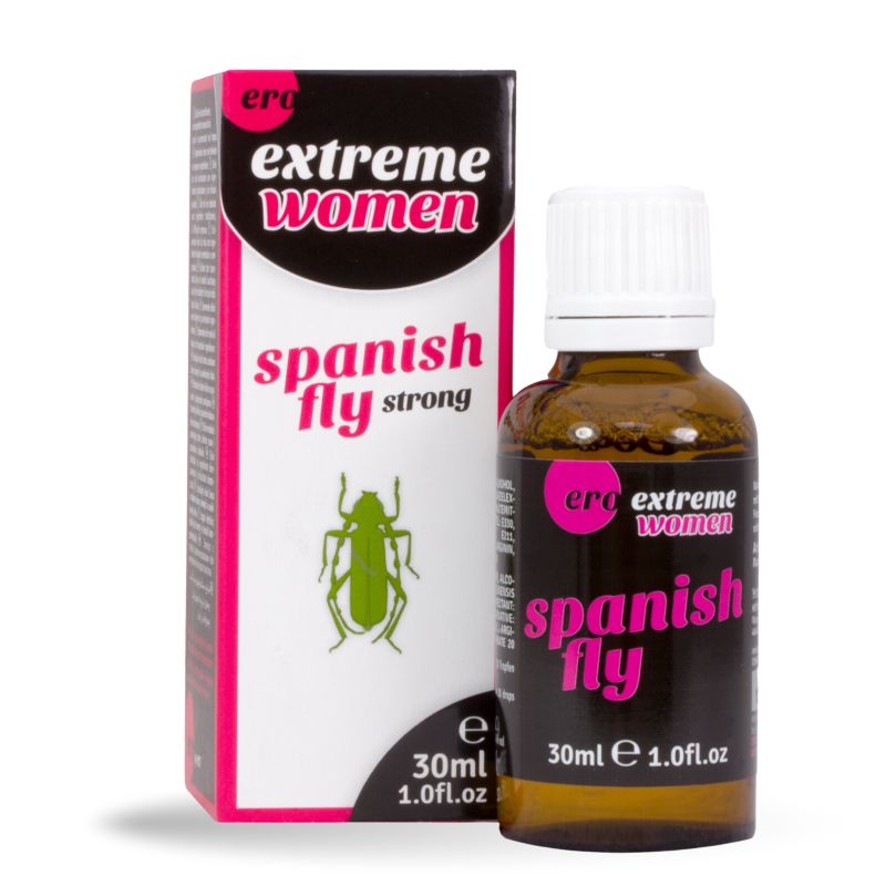 Braune Flasche und Schachtel. Aufschrift: Spanish Fly strong. Logo: Ero Extreme Women. Grüne Insektenabbildung.