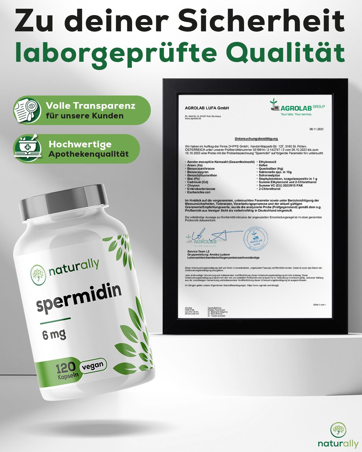 Flasche "spermidin 6 mg" neben Zertifikat. Text: "Zu deiner Sicherheit laborgeprüfte Qualität". Logo "naturally".