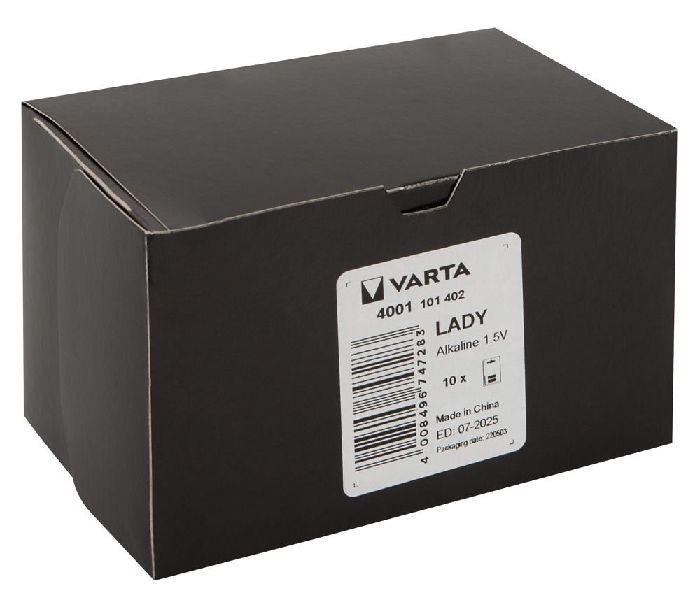 Schwarze Varta Batteriebox mit Etikett, das 'Lady Alkaline 1.5V' angibt.