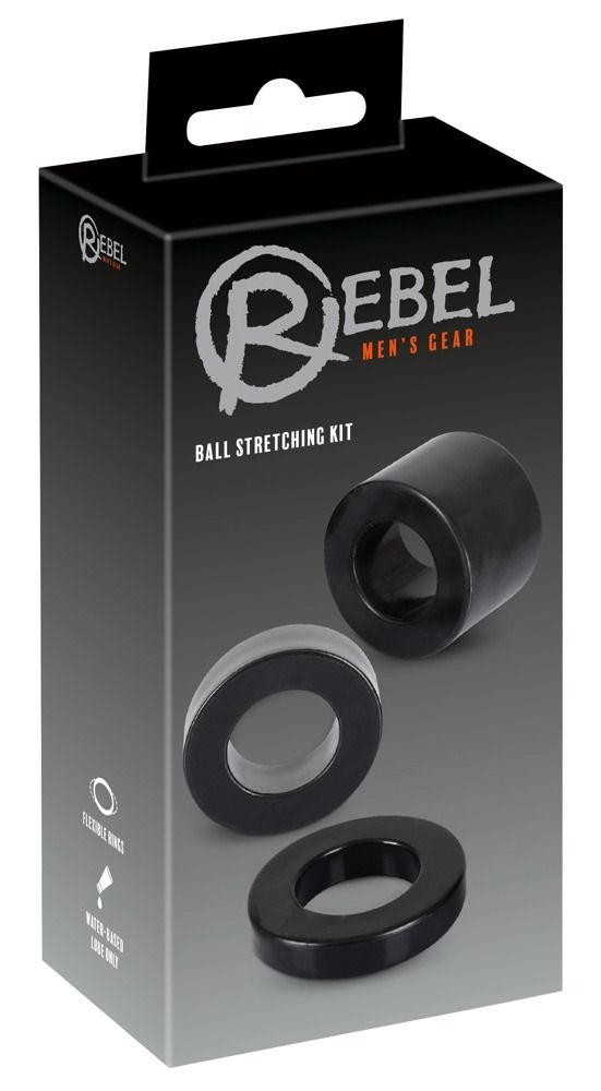 Produktverpackung mit drei schwarzen Ringen. Aufschrift: Rebel, Ball Stretching Kit.