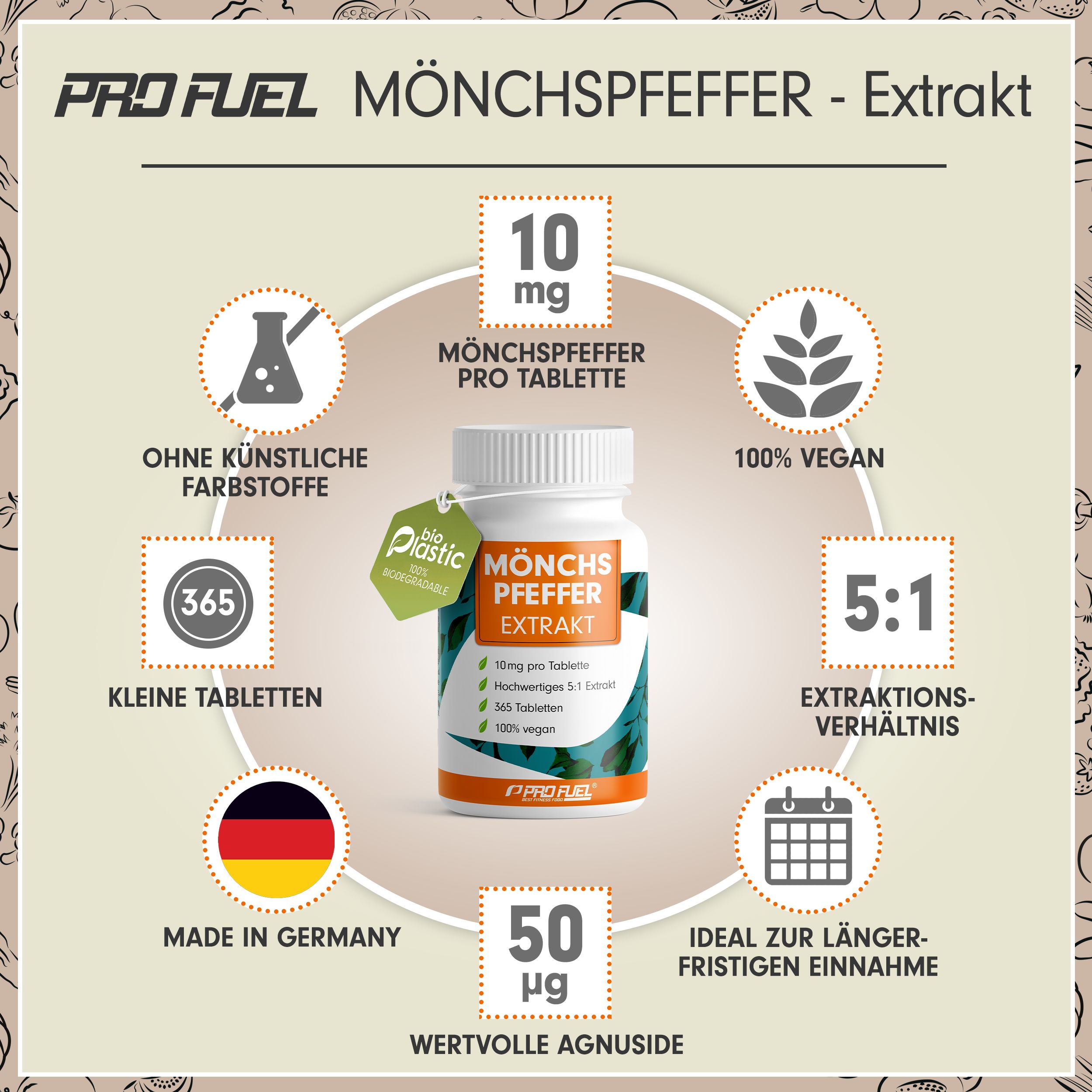 Weiße Tabletten in einer Flasche. Aufschrift: Mönchspfeffer Extrakt. 10mg pro Tablette, 365 Tabletten, 100% vegan. Made in Germany.