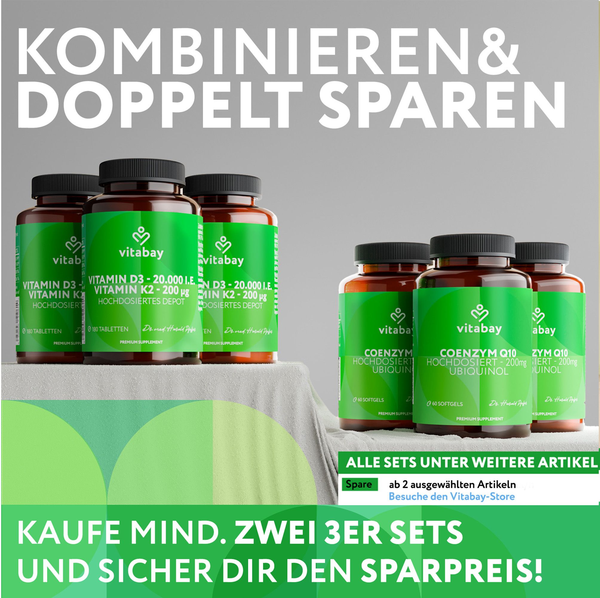 Mehrere Vitabay Vitamin D3 und Coenzym Q10 Flaschen in verschiedenen Größen.