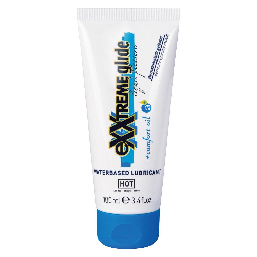 Weißer Tubus mit blauem Deckel. Aufschrift eXXtreme glide, waterbased lubricant, 100ml.