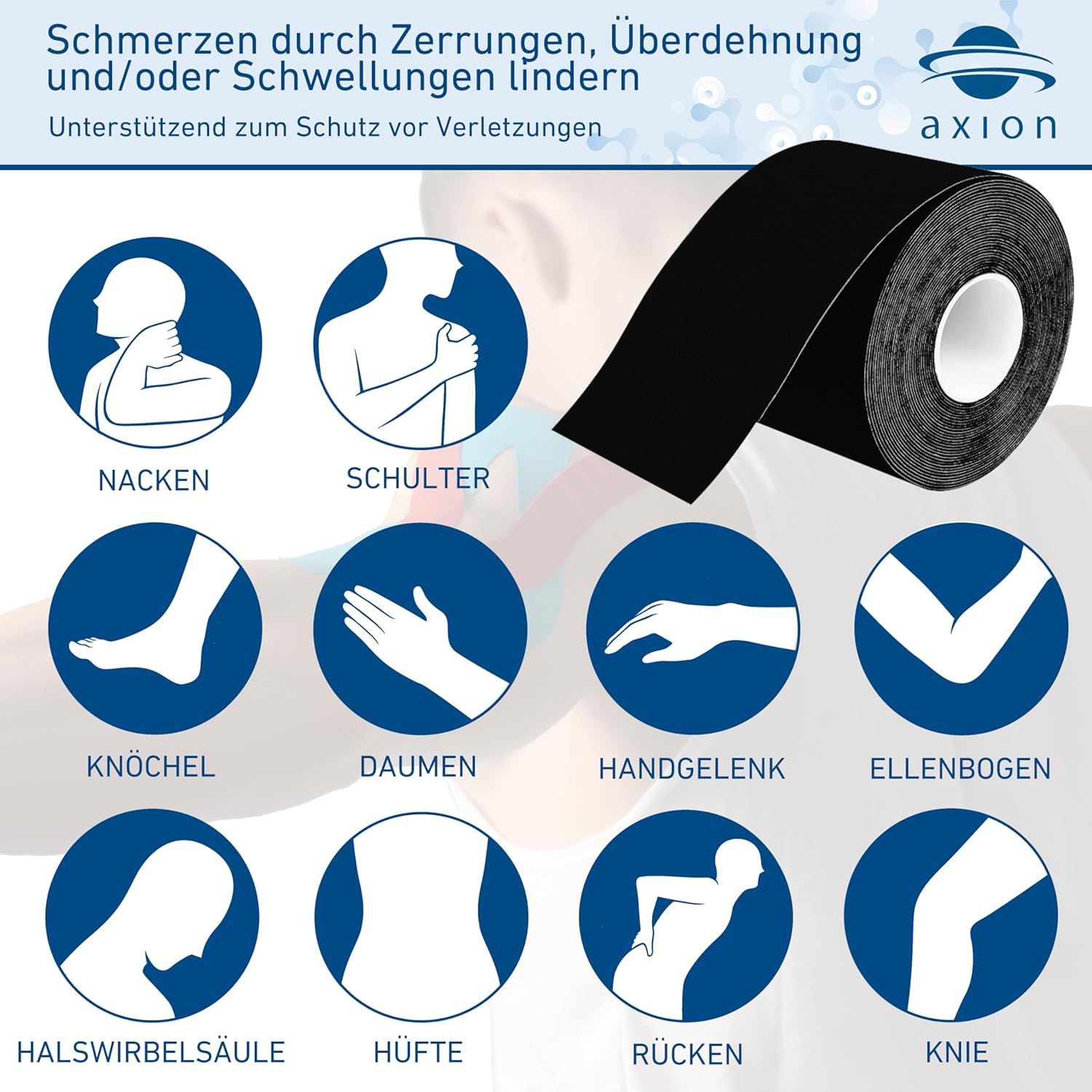 Infografik mit Kreisen, die Körperteile und Kinesio-Tape-Anwendungen zeigen. Text: Schmerzen lindern.