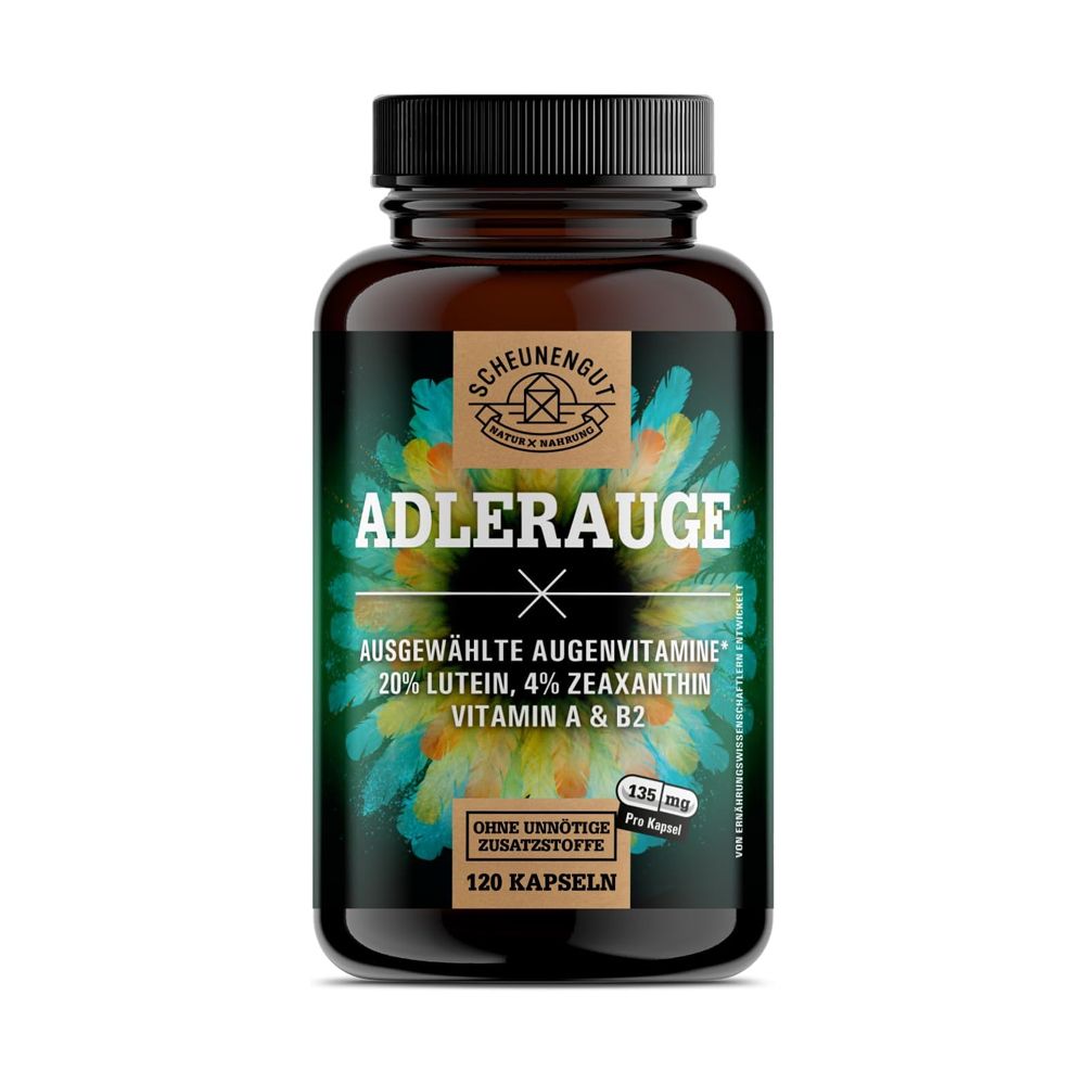 Braune Dose mit grünem Etikett: Scheunengut ADLERAUGE, 120 Kapseln.