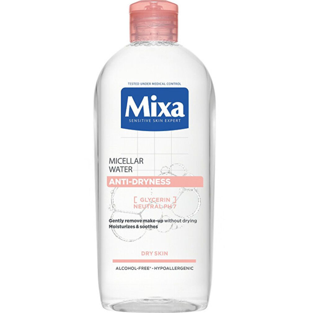 Transparente Flasche mit blauem und rosa Etikett. "Mixa"-Logo, "Micellar Water Anti-dryness" und Text für trockene Haut.