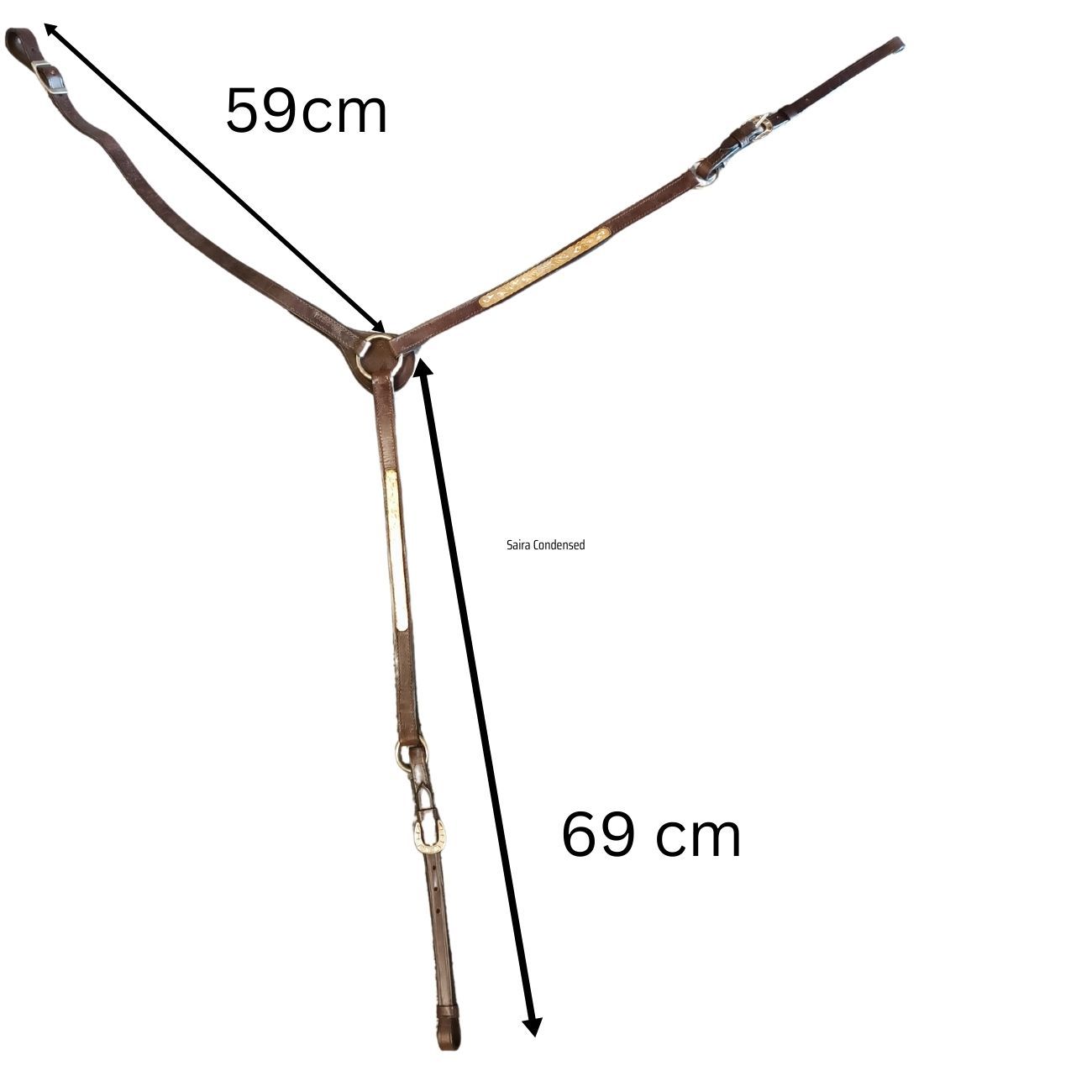 Braunes Leder-Vorderzeug, Y-Form. Maße: 59 cm und 69 cm. Mit Metallbeschlägen und Ringen.