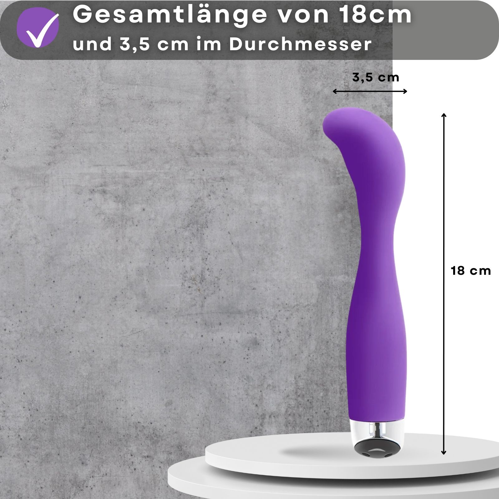 Lila Vibrator. Silikon, gebogen Form. Maße: 18 cm lang, 3,5 cm Durchmesser.
