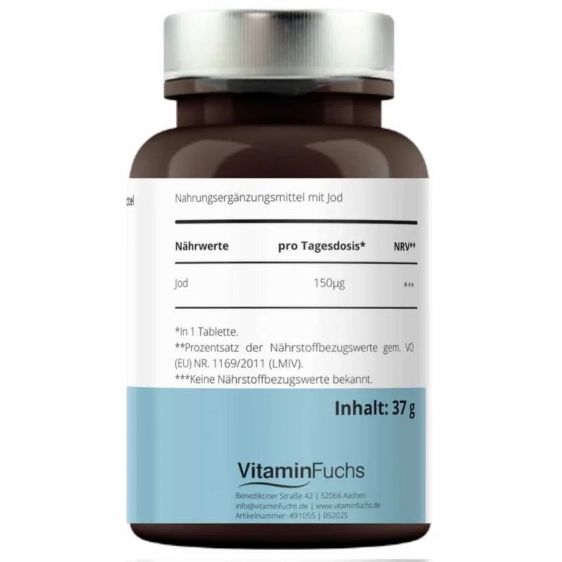 Etikett einer braunen Flasche mit silbernem Deckel. Nährwerttabelle für Jod. Inhalt: 37g. VitaminFuchs Logo.