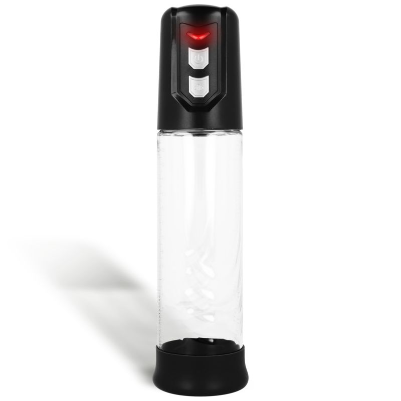 Automatische Pumpe mit schwarzem Kopf und Sockel, transparentem Zylinder. Roter Lichtindikator am Kopf.