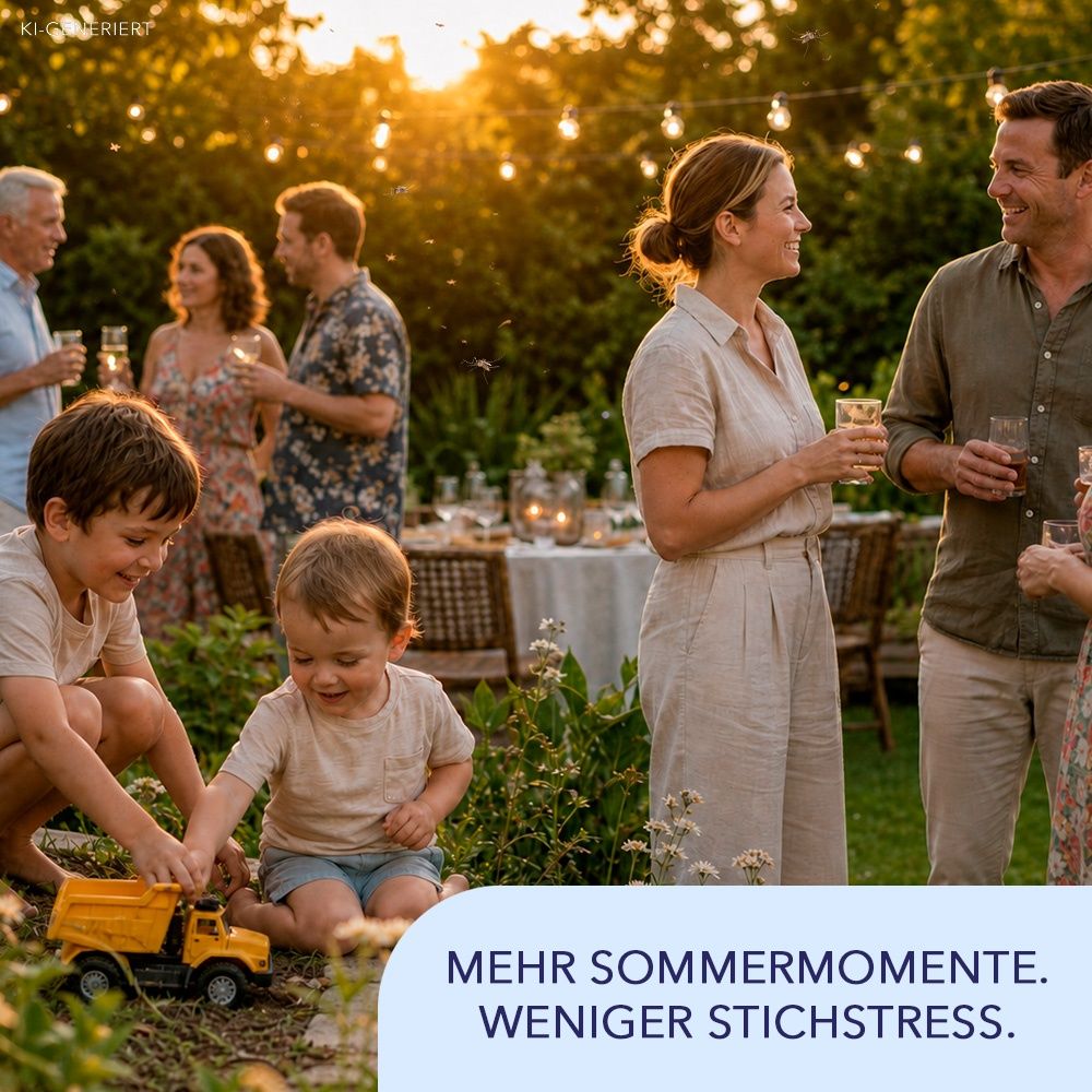 Familie und Freunde genießen Gartenparty bei Sonnenuntergang, IEA Medical Insektenstichheiler für mehr Sommer.