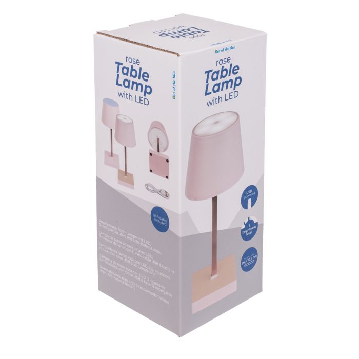Verpackung der Tischlampe mit LED. Text: 'rose Table Lamp with LED'. Abbildungen der Lampe und Zubehör.