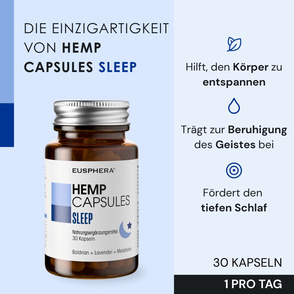 Braune Glasflasche mit Hemp Capsules Sleep. Text: Eusphera, 30 Kapseln, 1 pro Tag. Hilft, den Körper zu entspannen, beruhigt den Geist, fördert tiefen Schlaf.