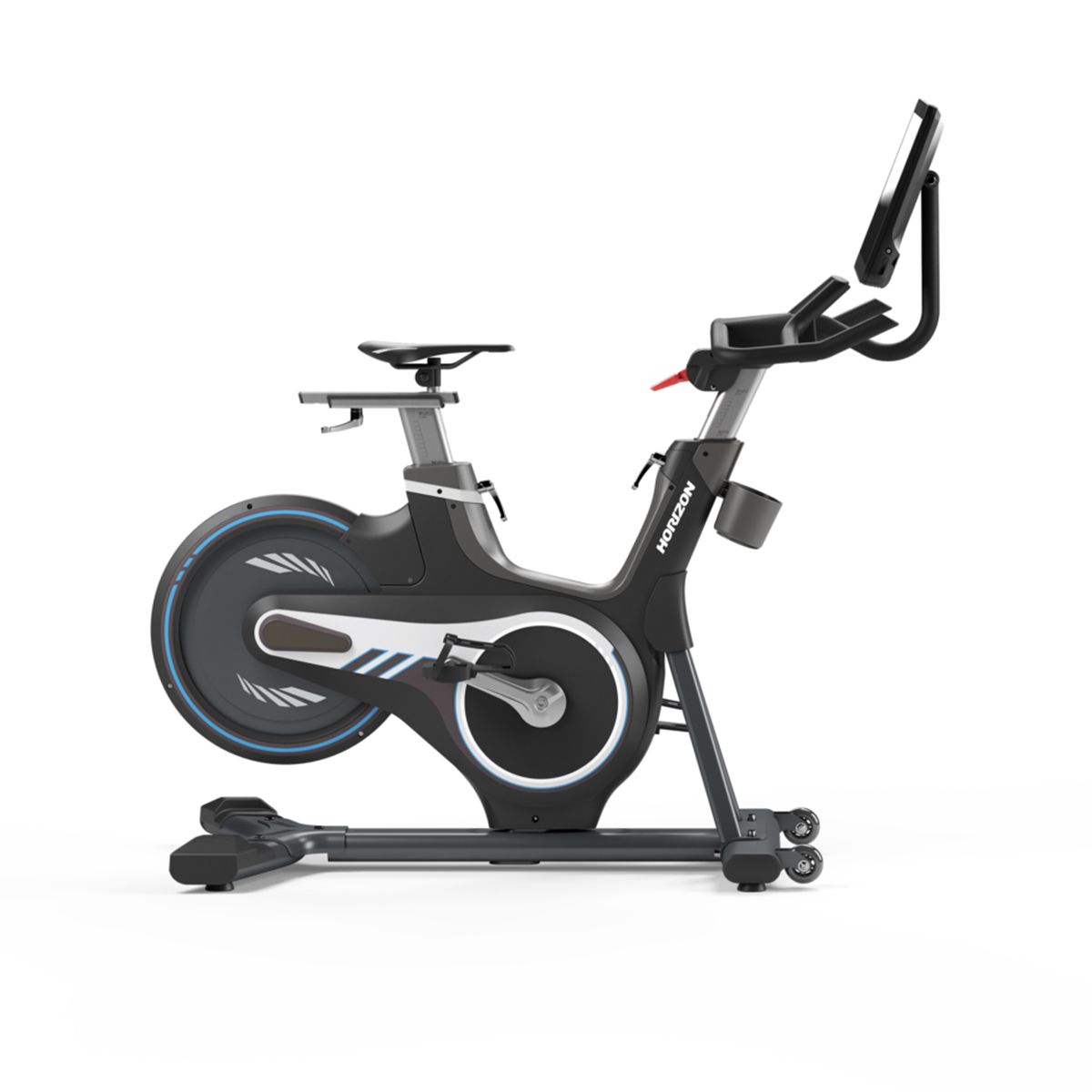 Ergometer, schwarz-grau. Großes Display, Pedale, Sattel und Lenker. Horizon Fitness Logo. Blaue Akzente am Schwungrad. Rollen an der Basis.