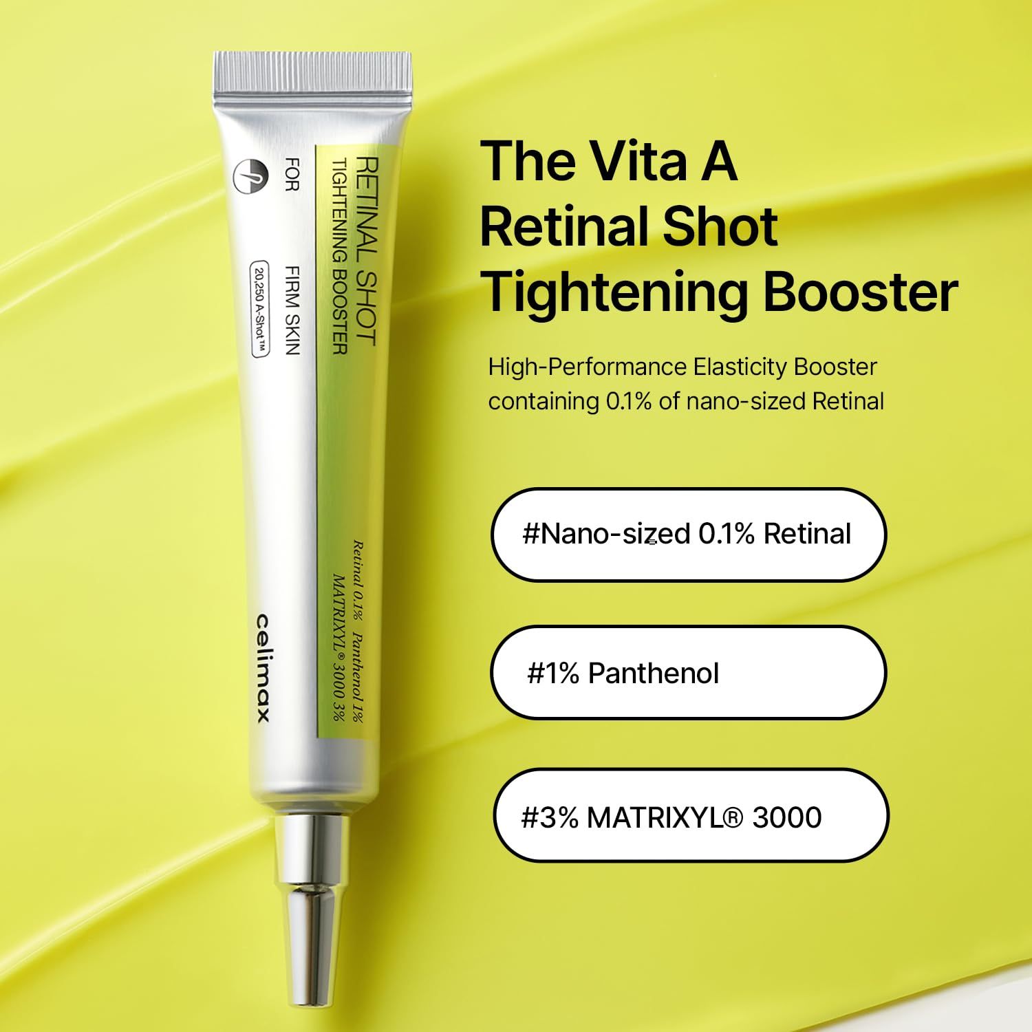 Tube mit Text: The Vita A Retinal Shot Tightening Booster. Enthält 0,1% Nano-Retinal, 1% Panthenol, 3% Matrixyl 3000.