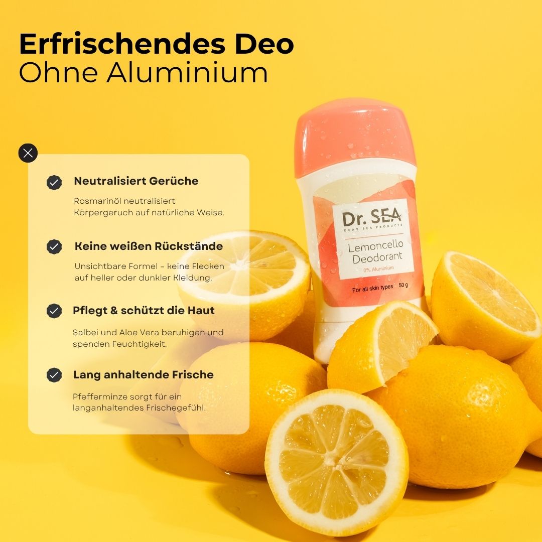 Gelber Hintergrund mit Zitronen und Deodorant-Stick. Text: Erfrischendes Deo ohne Aluminium. Vorteile: neutralisiert Gerüche, etc.