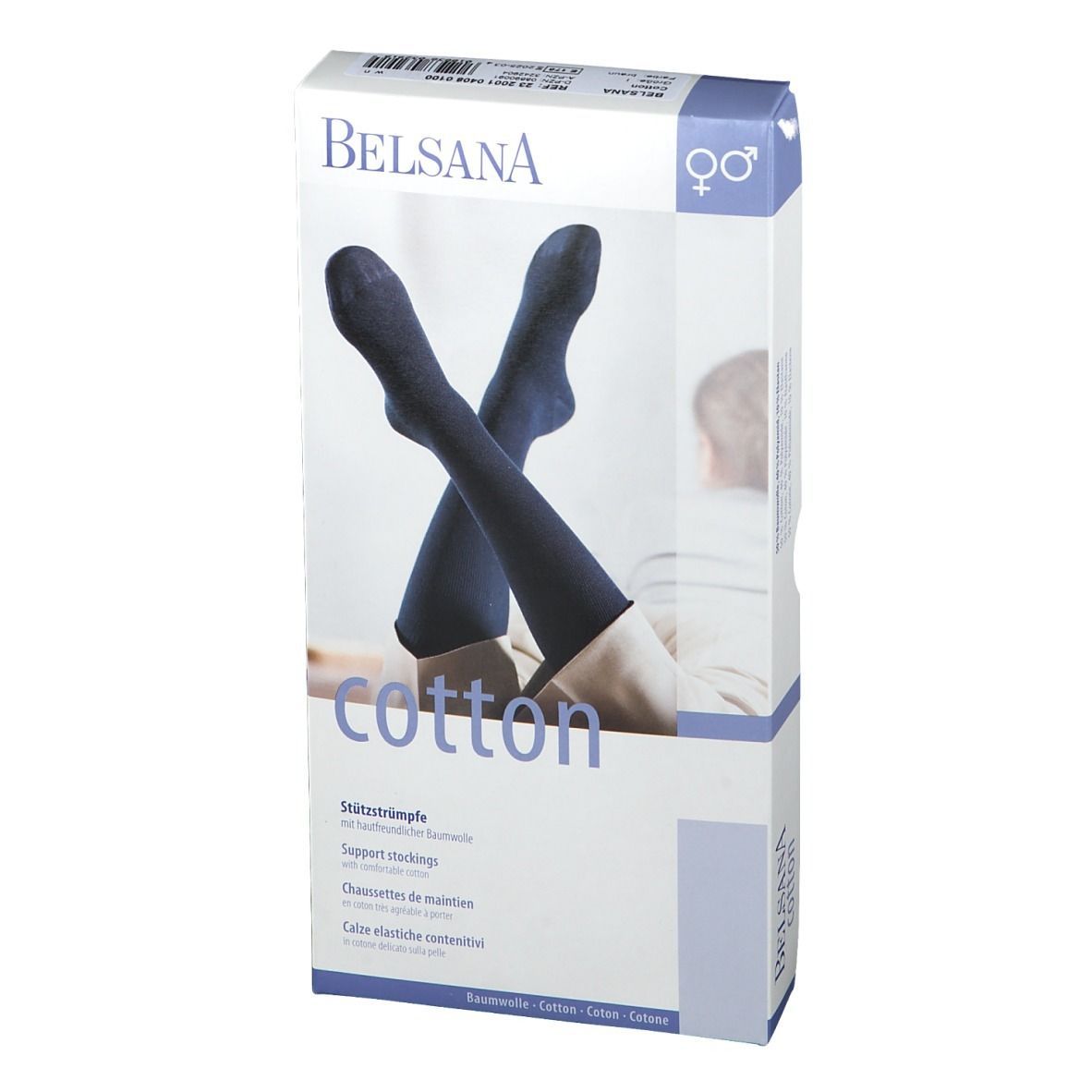 BELSANA Cotton Stützkniestrumpf Verpackung. Produktabbildung. Farbe braun. Größe 36-38.
