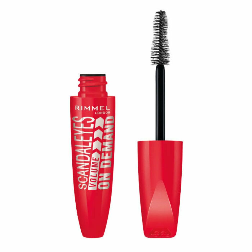 Rote Mascarabürste und -behälter. Text: Rimmel London, Scandaleyes Volume On Demand. Schwarze Mascara-Bürste.