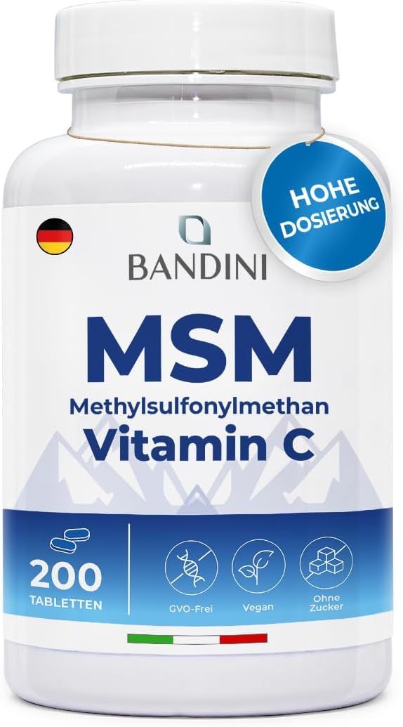 Weiße Tablettenflasche mit blauem Etikett. Aufschrift: Bandini MSM Vitamin C. 200 Tabletten. Hohe Dosierung. GVO-frei, vegan, ohne Zucker.