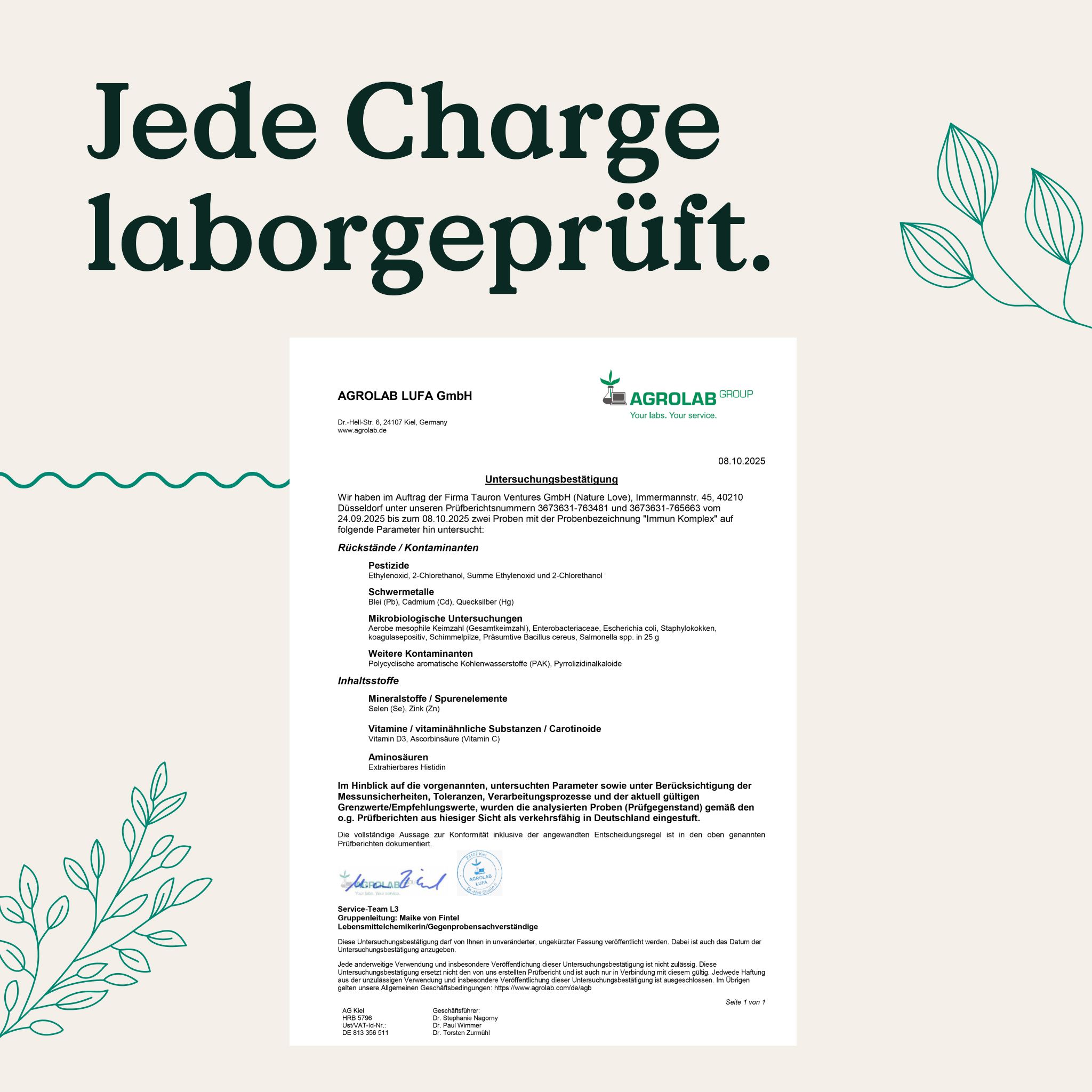 Laborbericht "Untersuchungsbericht", "Jede Charge laborgeprüft."