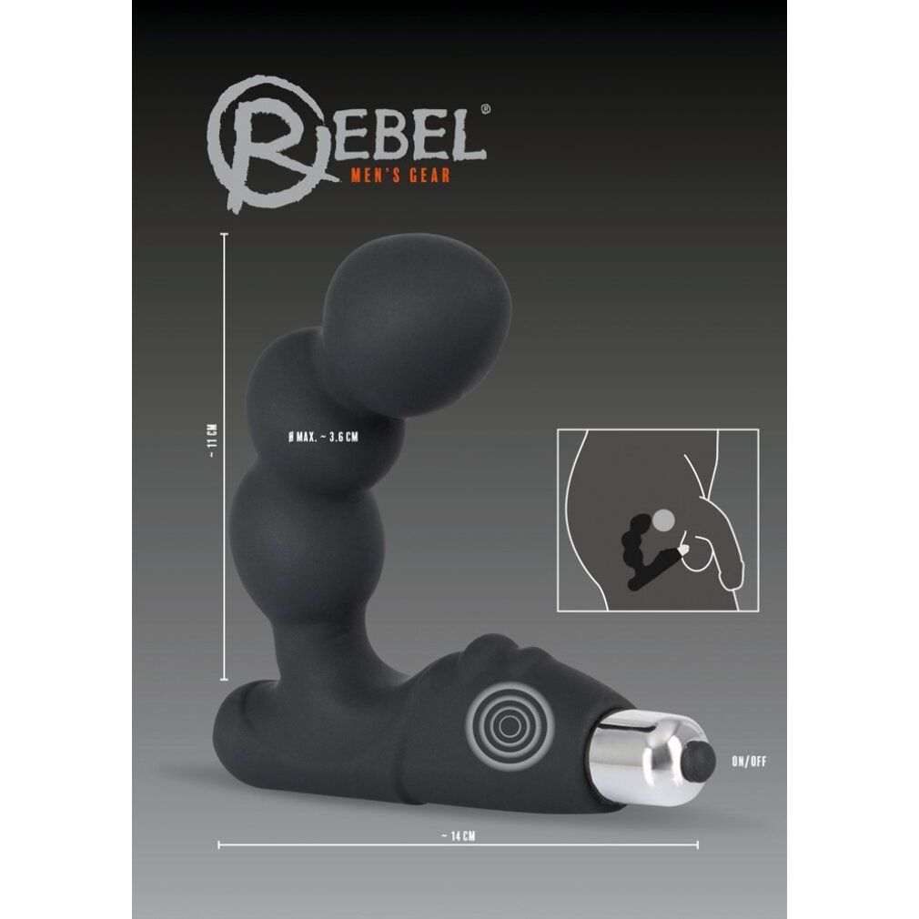 Schwarzer Vibrator mit drei Kugeln, Verpackung mit Produktabbildung, Text: Rebel Men's Gear, Maße.