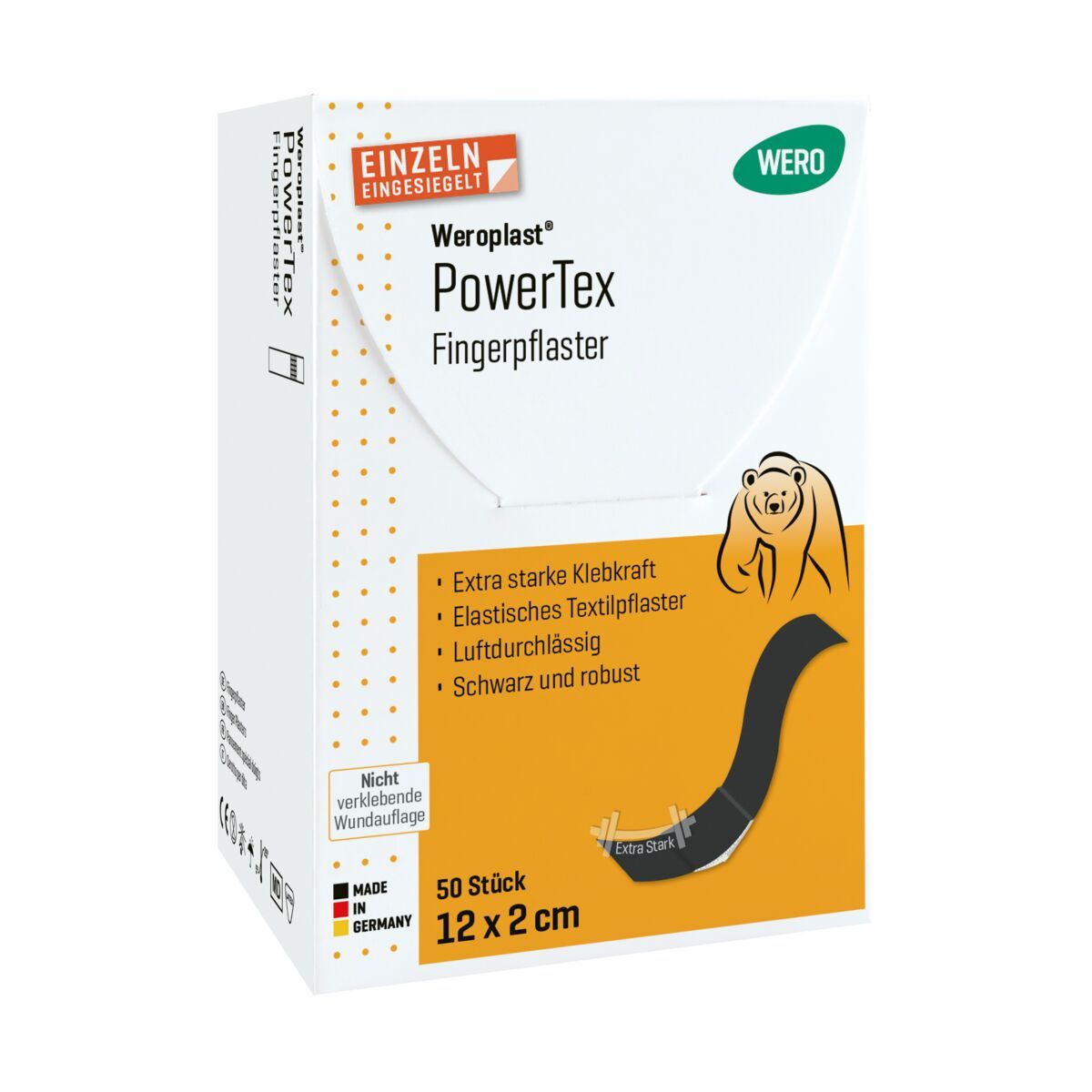 WERO PowerTex Fingerpflaster Packung, 50 Stück, 12x2cm, schwarz, elastisch, extra stark.