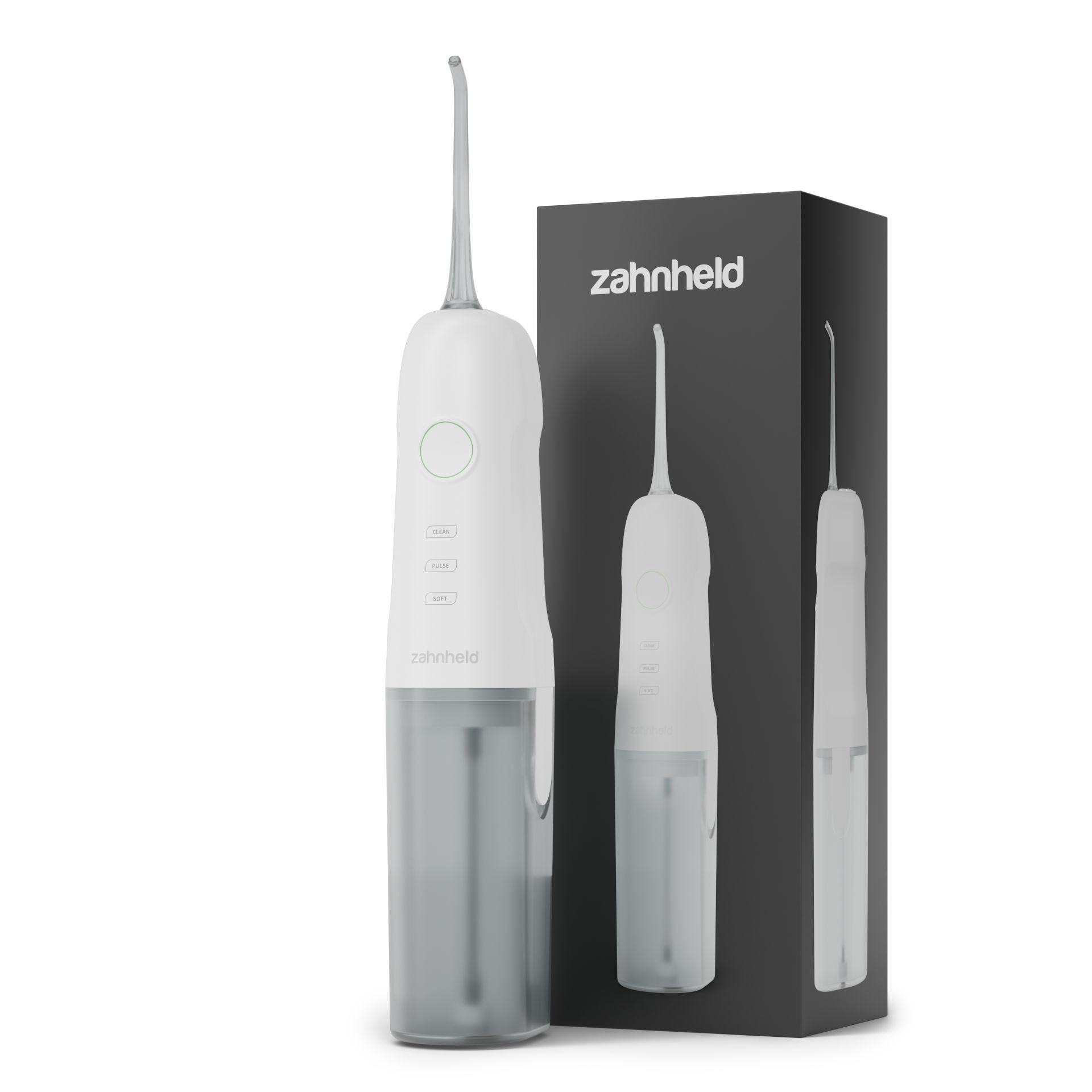 Weiße Munddusche mit Zubehör und Verpackung. Schwarze Verpackung mit Logo. Munddusche und Düse sichtbar.