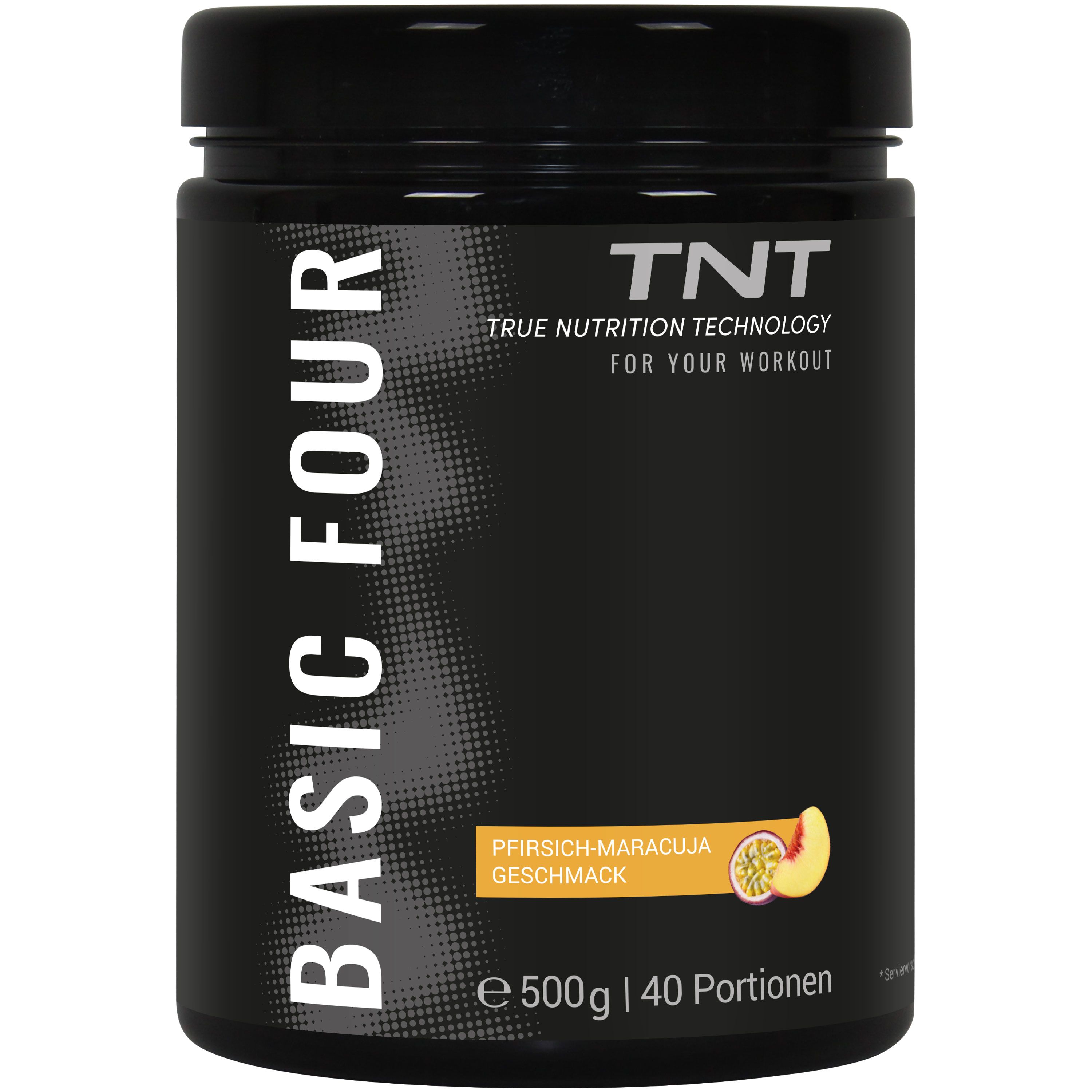 Schwarze Dose mit TNT Basic Four. Aufschrift: Pfirsich-Maracuja Geschmack. 500g, 40 Portionen.
