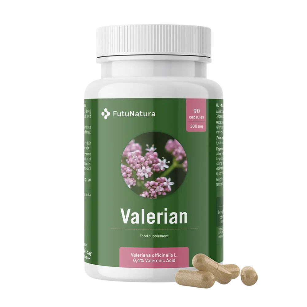 Flasche mit 90 Baldrian-Kapseln, 300 mg pro Kapsel. Enthält Valeriana officinalis L.