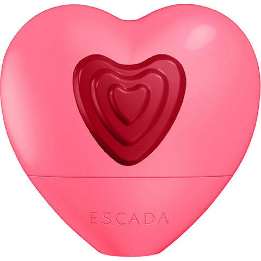 Rosa Herzflakon mit rotem Herzmuster. Flakon mit "Escada"-Schriftzug.