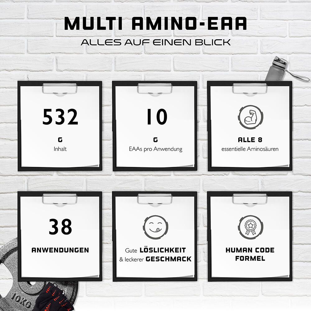 Infografik: 6 Tafeln mit Informationen zu Multi Amino EAA. 532g Inhalt, 10g EAAs pro Anwendung, 38 Portionen.