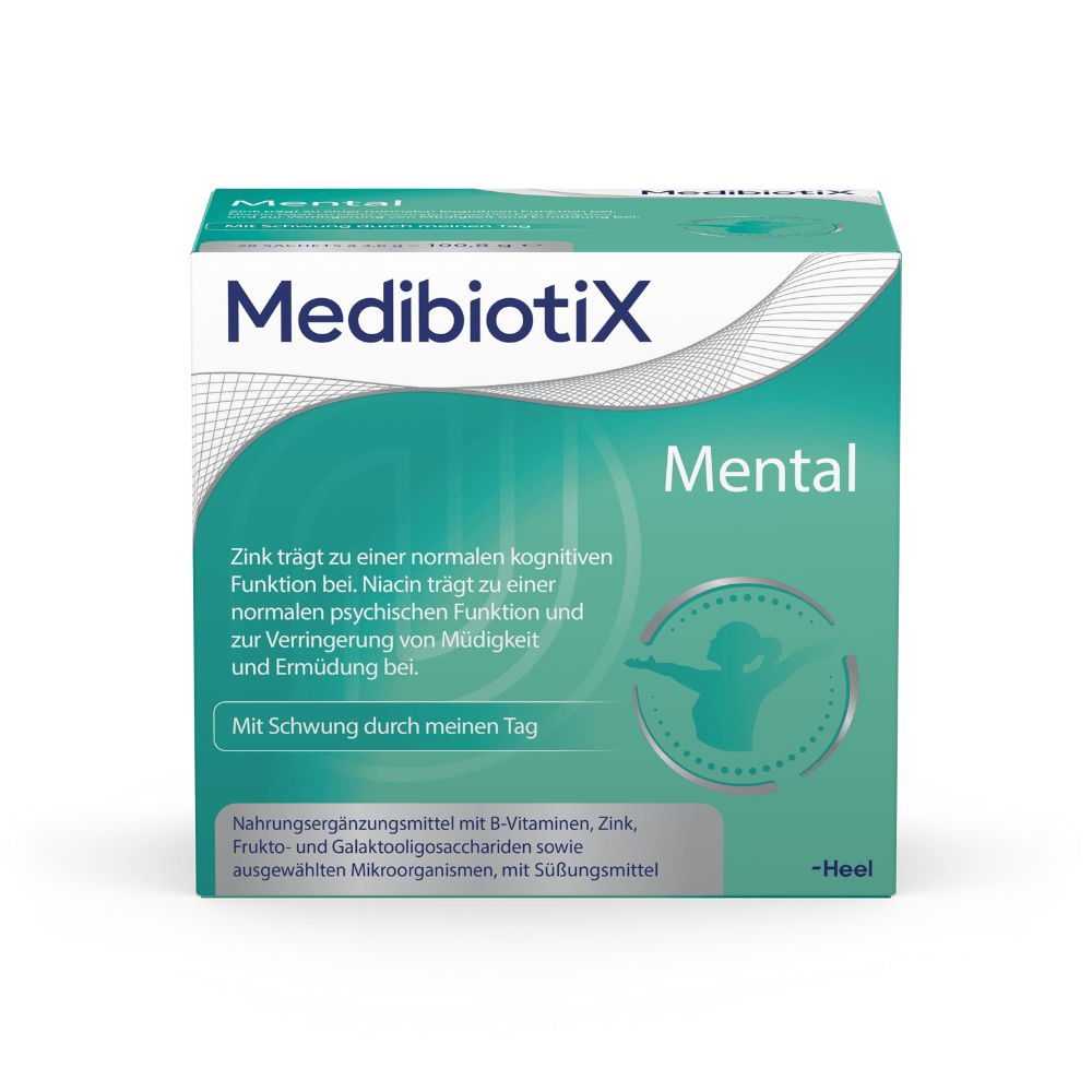 Schachtel MedibiotiX Mental. Text: Zink für kognitive Funktion, Niacin für psychische Funktion. Mit Schwung durch meinen Tag.