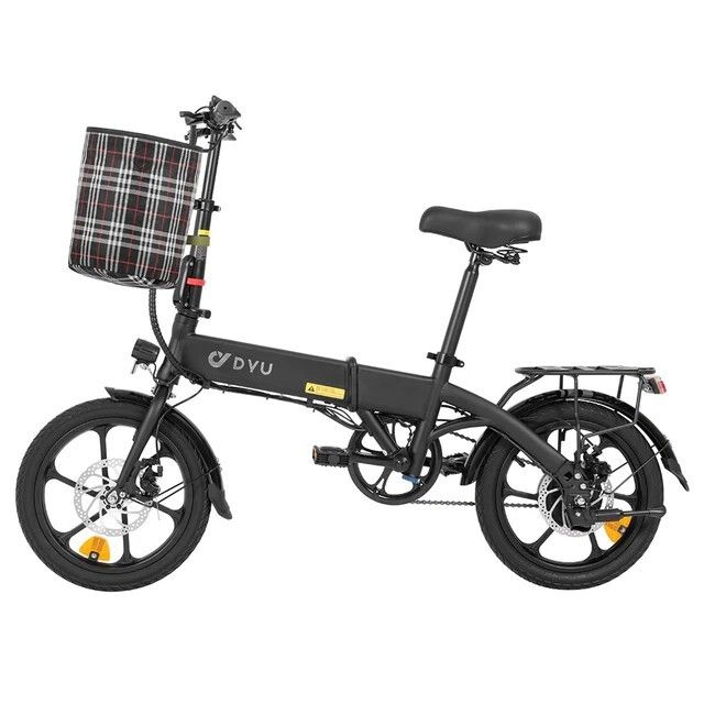 Schwarzes Elektro-Citybike mit Korb. Sichtbar: Marke DYU. 16-Zoll-Räder, Gepäckträger, Sattel, Lenker, Pedale und Scheibenbremsen.