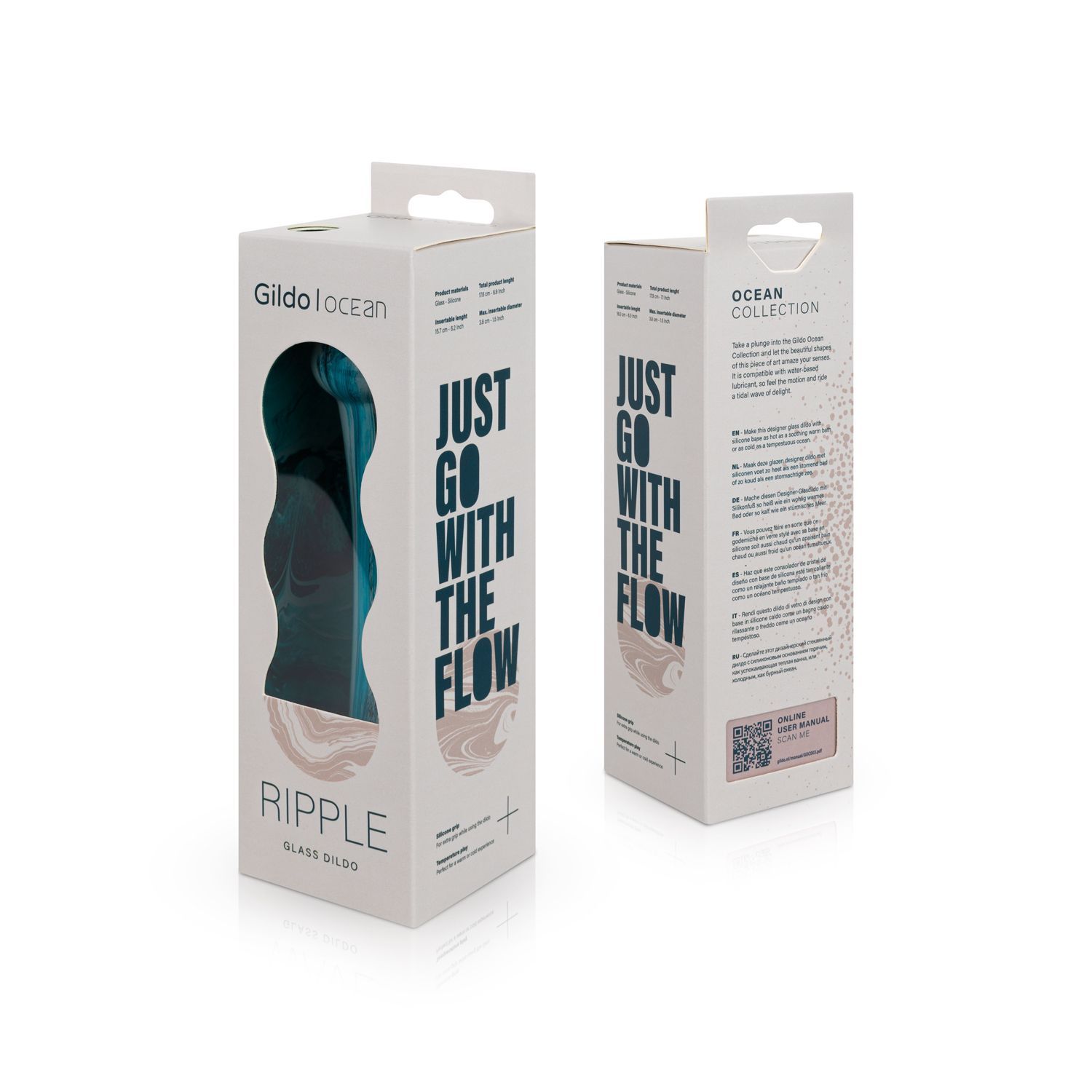 Verpackung für Glasdildo. Produktname und Slogan auf der Vorderseite. Rückseite mit Text und QR-Code.