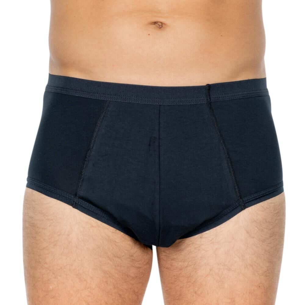 Dunkelblauer Herren Slip mit schwarzen Abschlüssen. Vorderansicht, getragen.