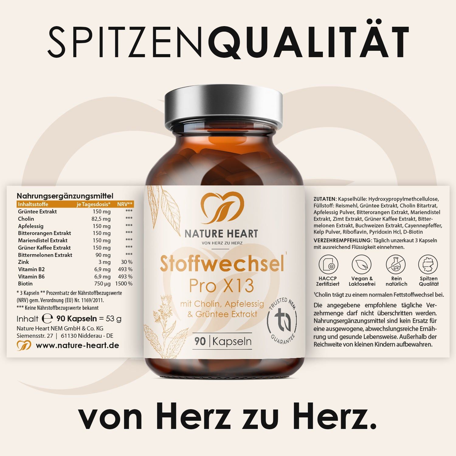 Braune Flasche mit Kapseln. Aufschrift: Stoffwechsel Pro X13, 90 Kapseln. Inhaltsstoffe und Nährwertangaben. Siegel: Trusted NEM, deutsche Spitzenqualität.