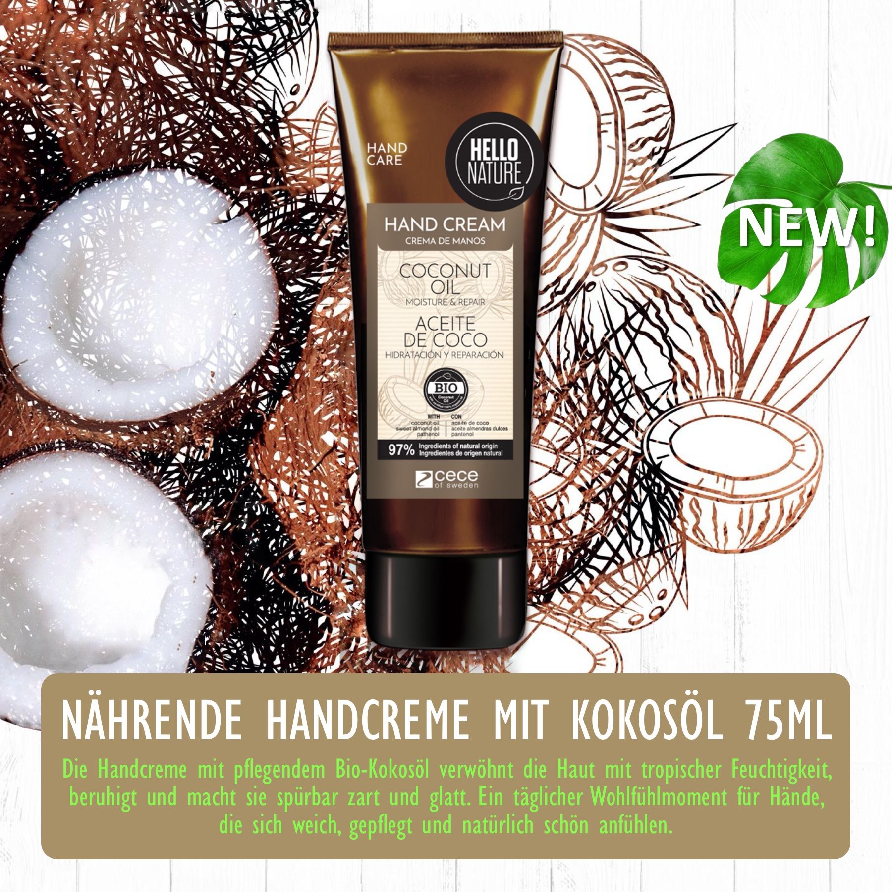 Handcreme-Tube mit Kokosöl. Bio-Zertifizierung. Kokosnuss-Illustrationen. Text: 'NEW!'