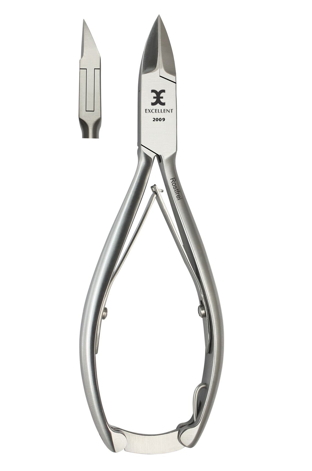 Nagelzange aus Metall. Mit der Aufschrift "EXCELLENT 2009" und "Rostfrei". Zusätzliche Nahaufnahme der Schneide.