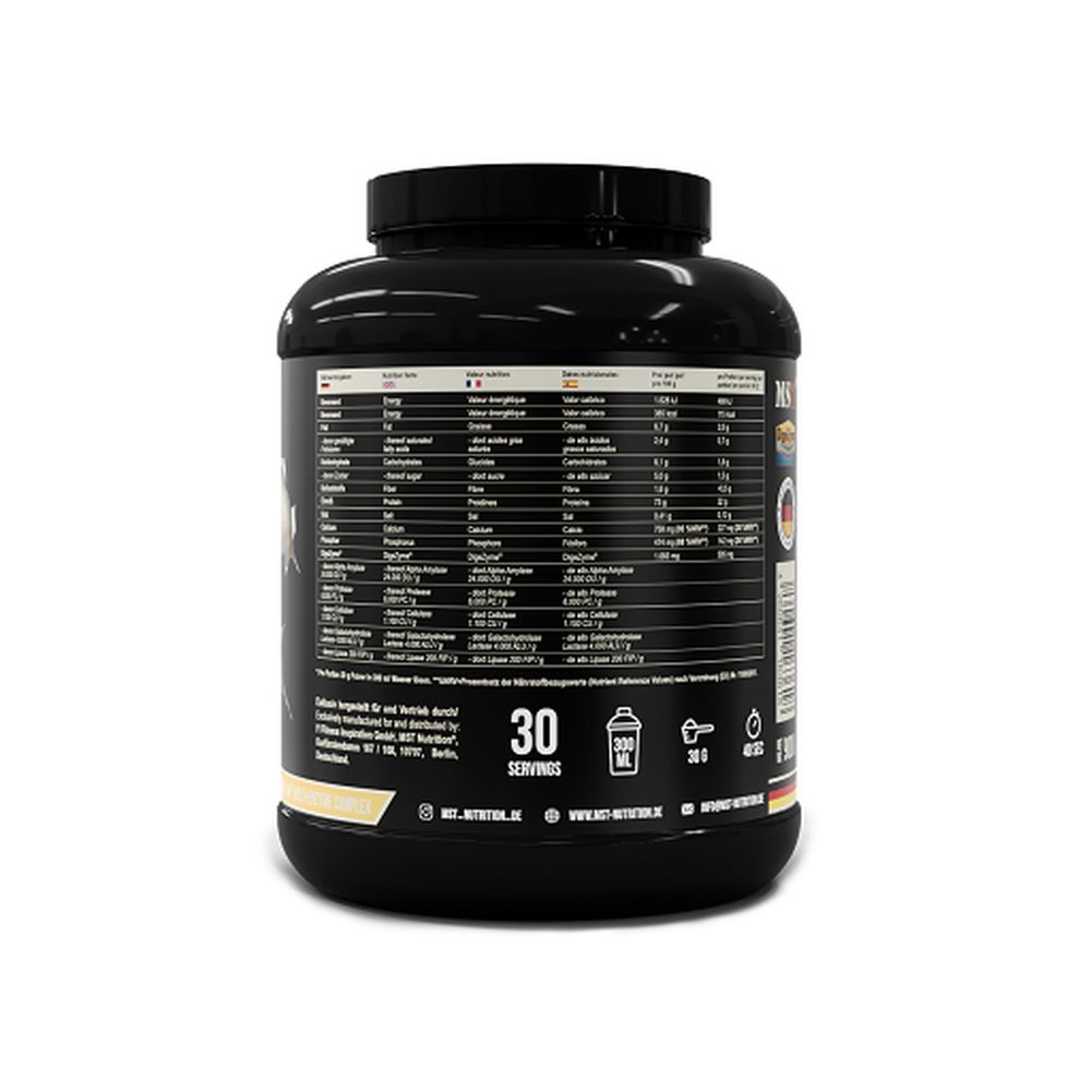 Rückseite der schwarzen Dose MST Best Whey Protein. Text: 30 Portionen, Nährwertangaben, 900 ml.