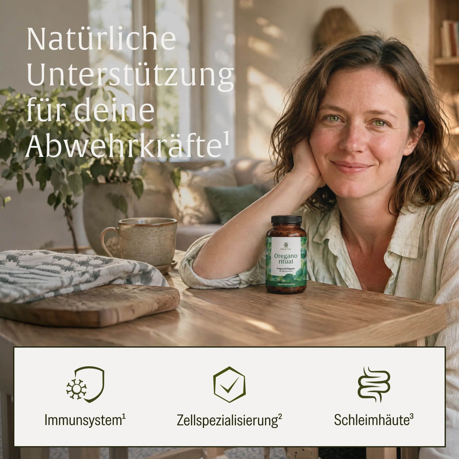NATURTREU Oregano ritual Flasche neben lächelnder Frau, mit Symbolen für Immunsystem, Zellspezialisierung, Schleimhäute.