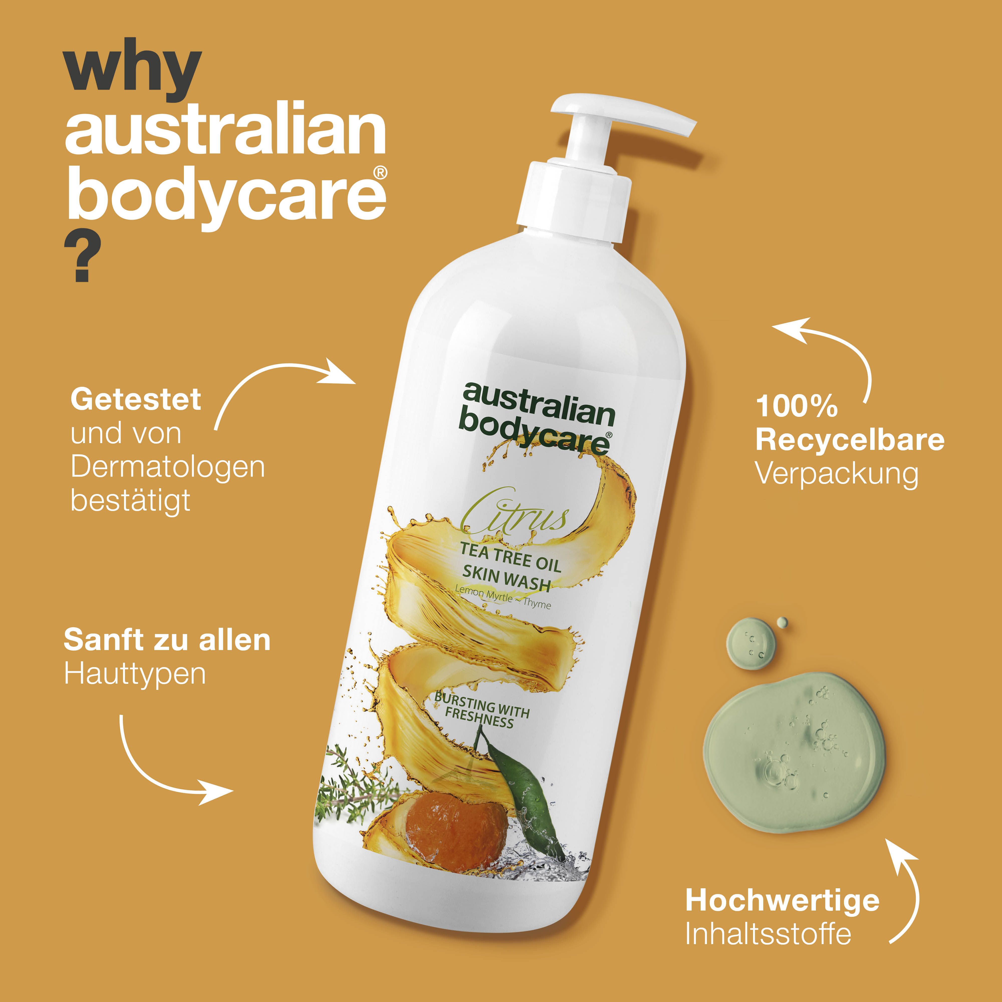 Flasche Australian Bodycare Citrus Skin Wash. Text: Getestet und von Dermatologen bestätigt. 100% recycelbar.