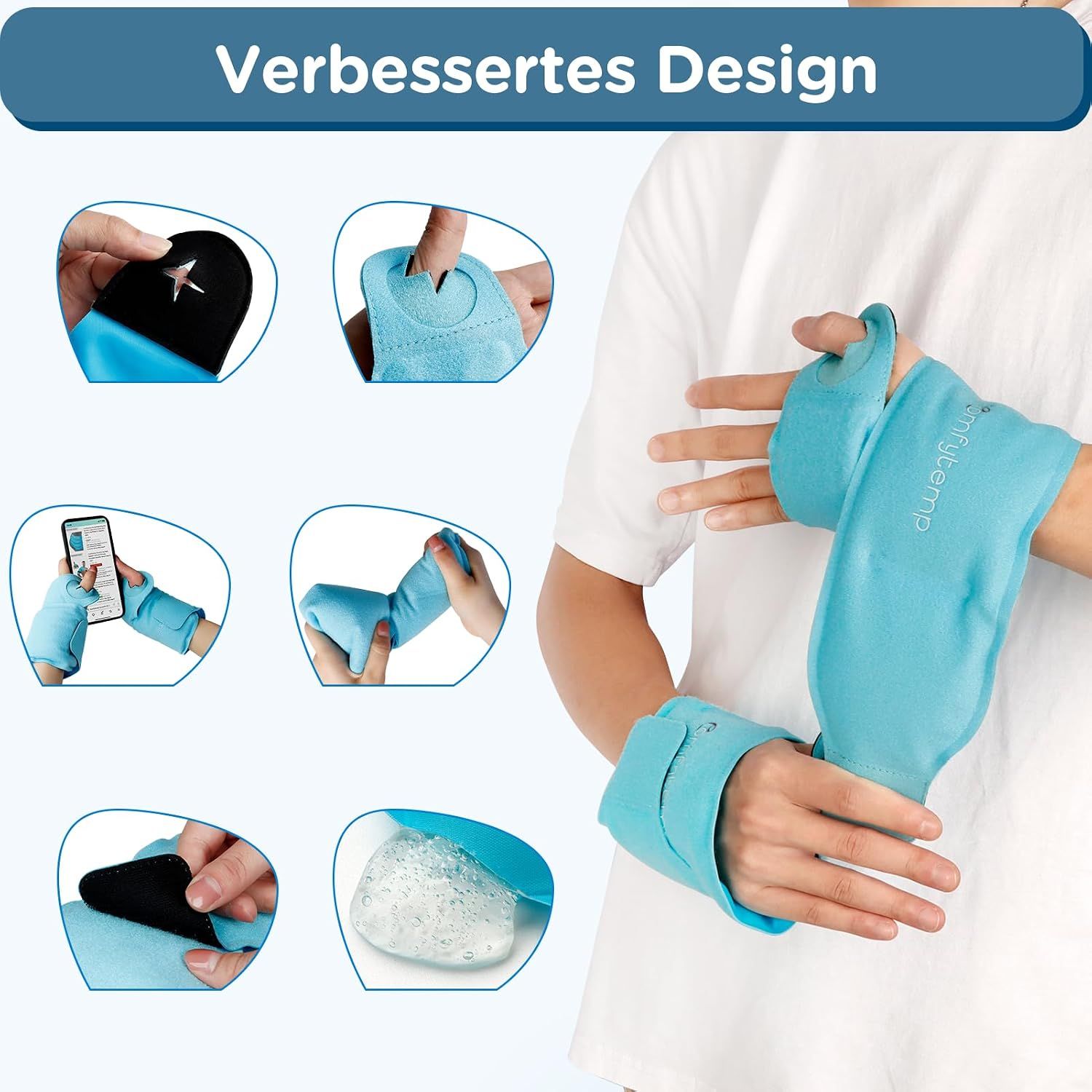 Verbessertes Design der Kühlbandage für Hände und Handgelenke mit Gel-Einlagen.