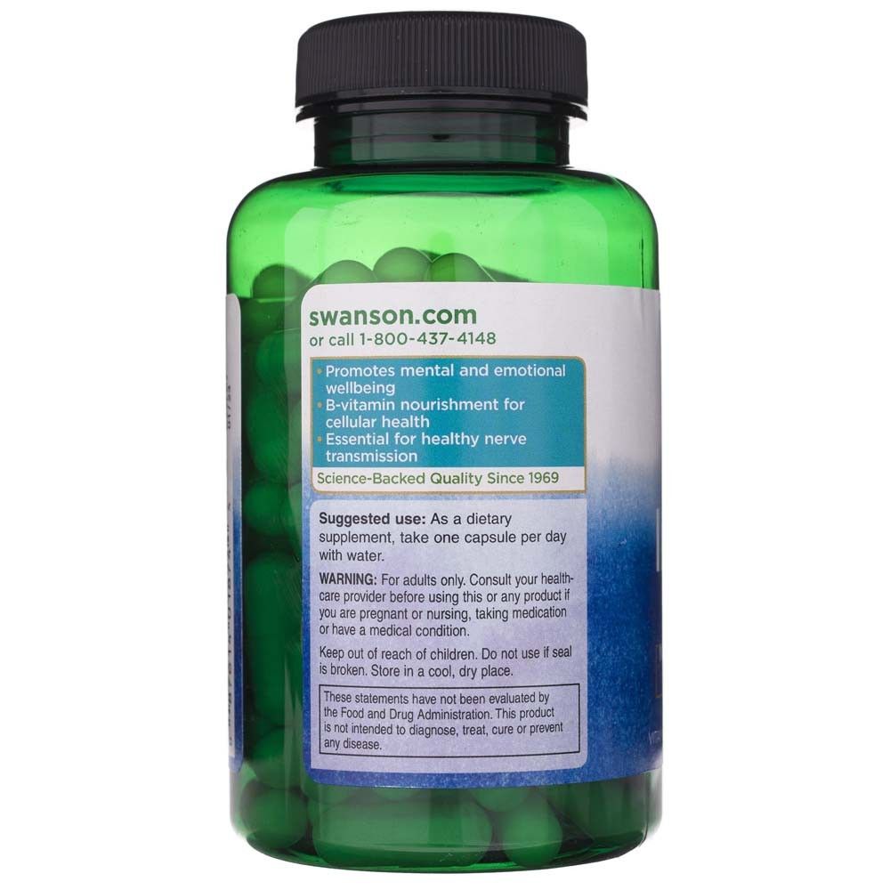 Grüne Flasche mit B-Vitamin-Kapseln. Enthält Hinweise zur Einnahme und Warnungen.