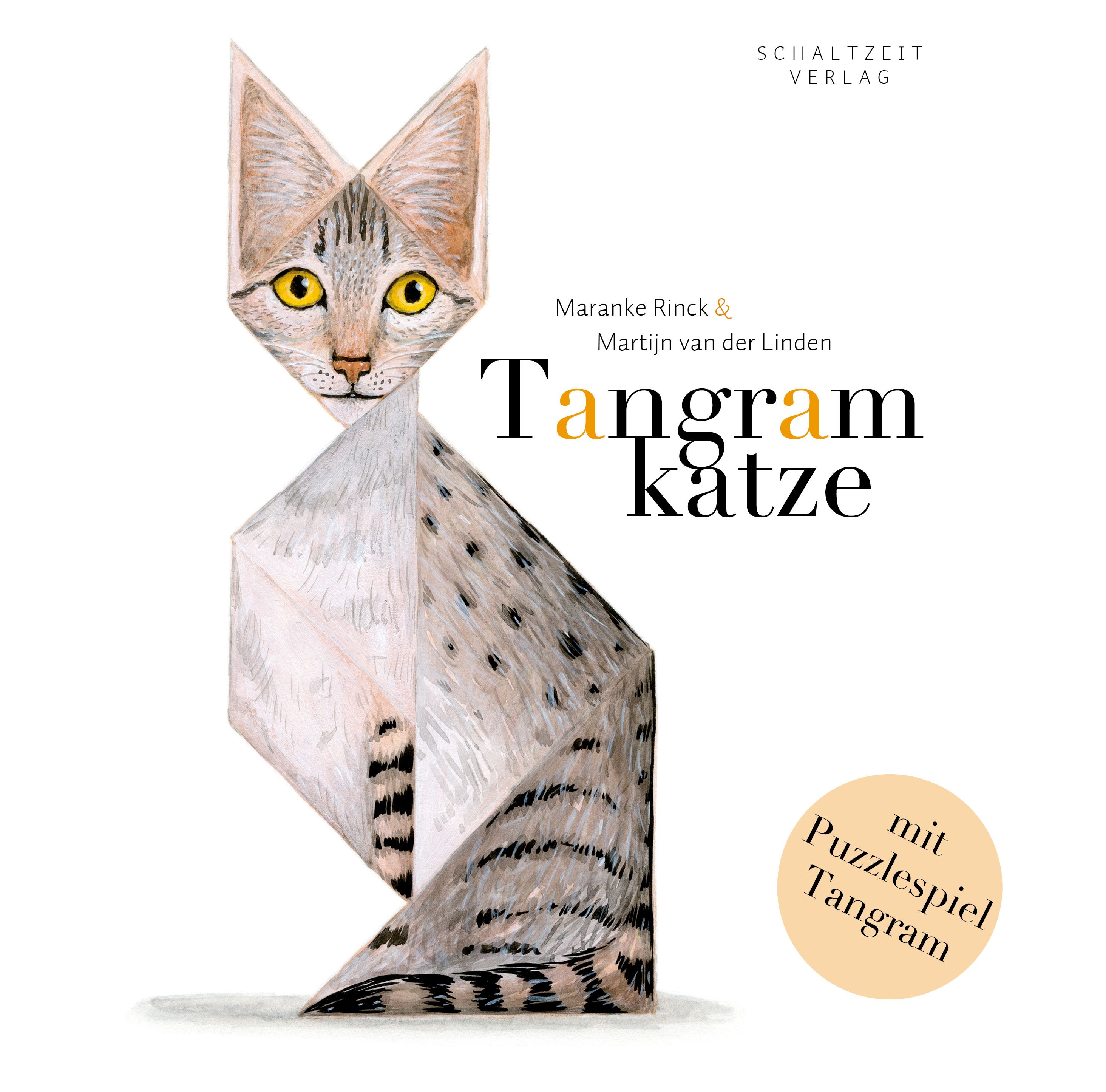 Buchcover: Tangramkatze. Titel und Autoren. Illustration einer Katze aus Tangram-Formen. Verlagsschriftzug und Siegel.
